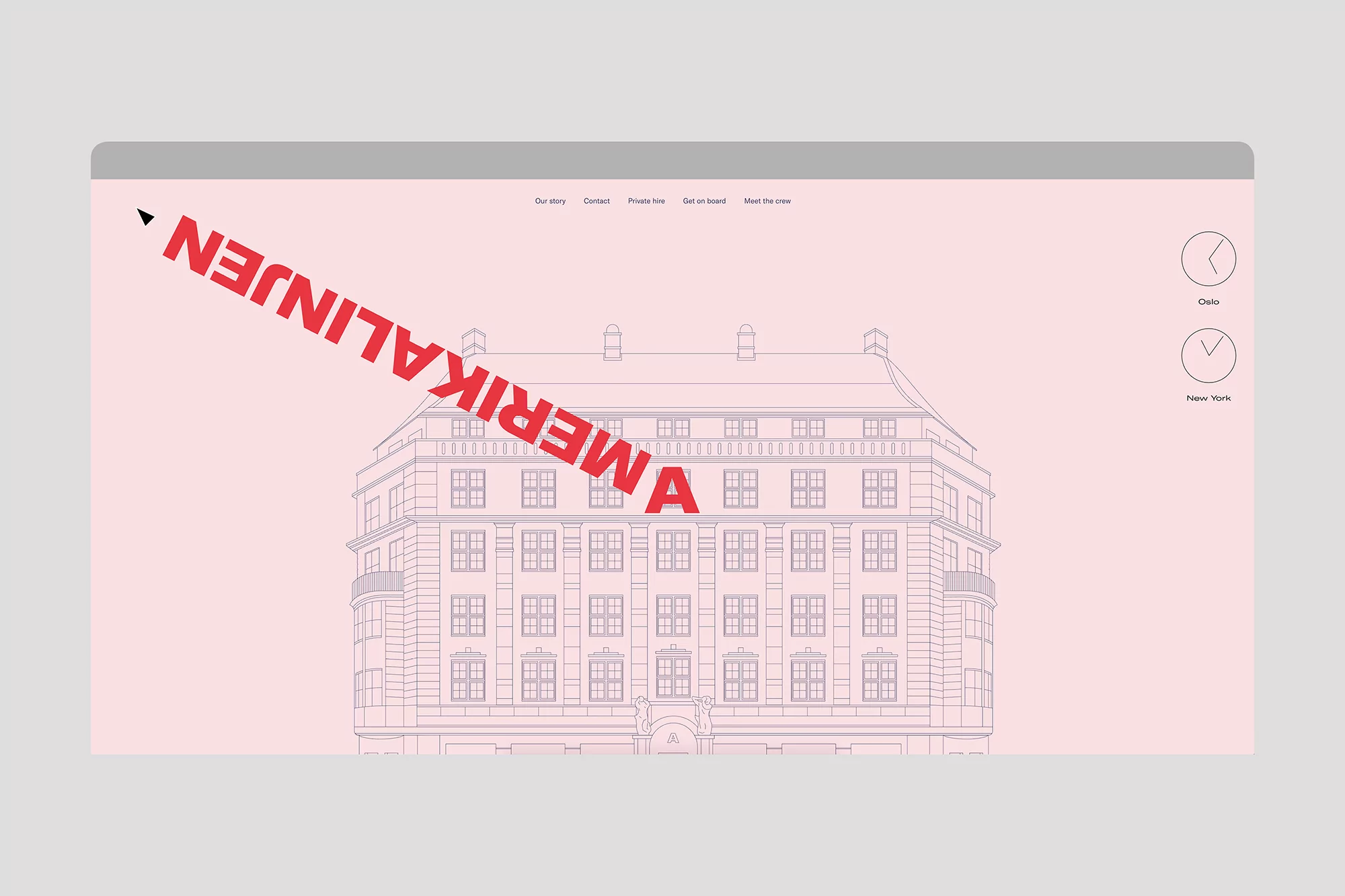 Architectural illustration of a light pink building with window grid, stylized text overlay, and simple user interface elements.