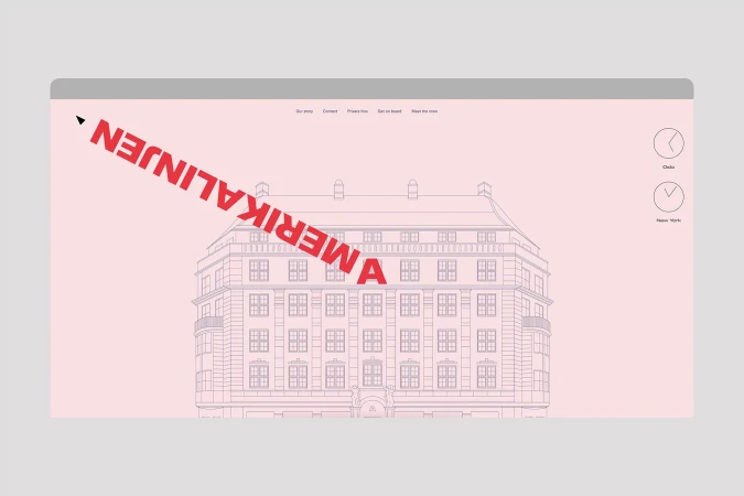 Architectural illustration of a light pink building with window grid, stylized text overlay, and simple user interface elements.