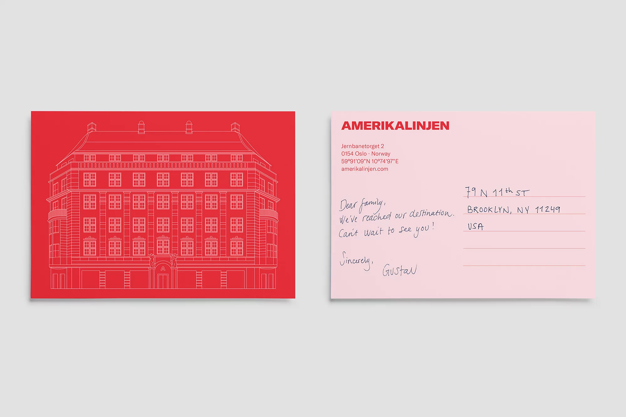 Illustrated postcard featuring a building illustration on the left and a handwritten address and message on the right side, promoting Amerikalinjen.
