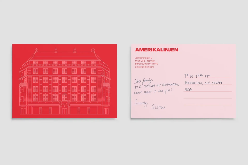 Illustrated postcard featuring a building illustration on the left and a handwritten address and message on the right side, promoting Amerikalinjen.