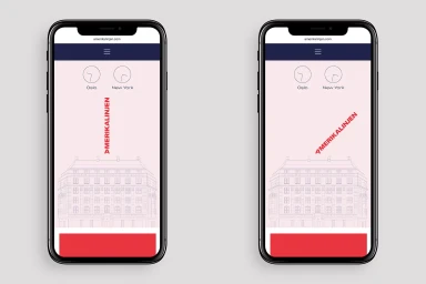 Two mobile phone mockups displaying the Amerikalinjen brand website with pink backgrounds and architectural illustrations