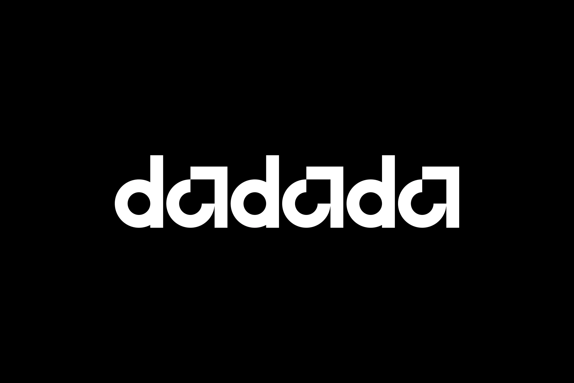 Minimalist black and white image of the word 'dadada' in a stylized, geometric font, featuring negative space designs.