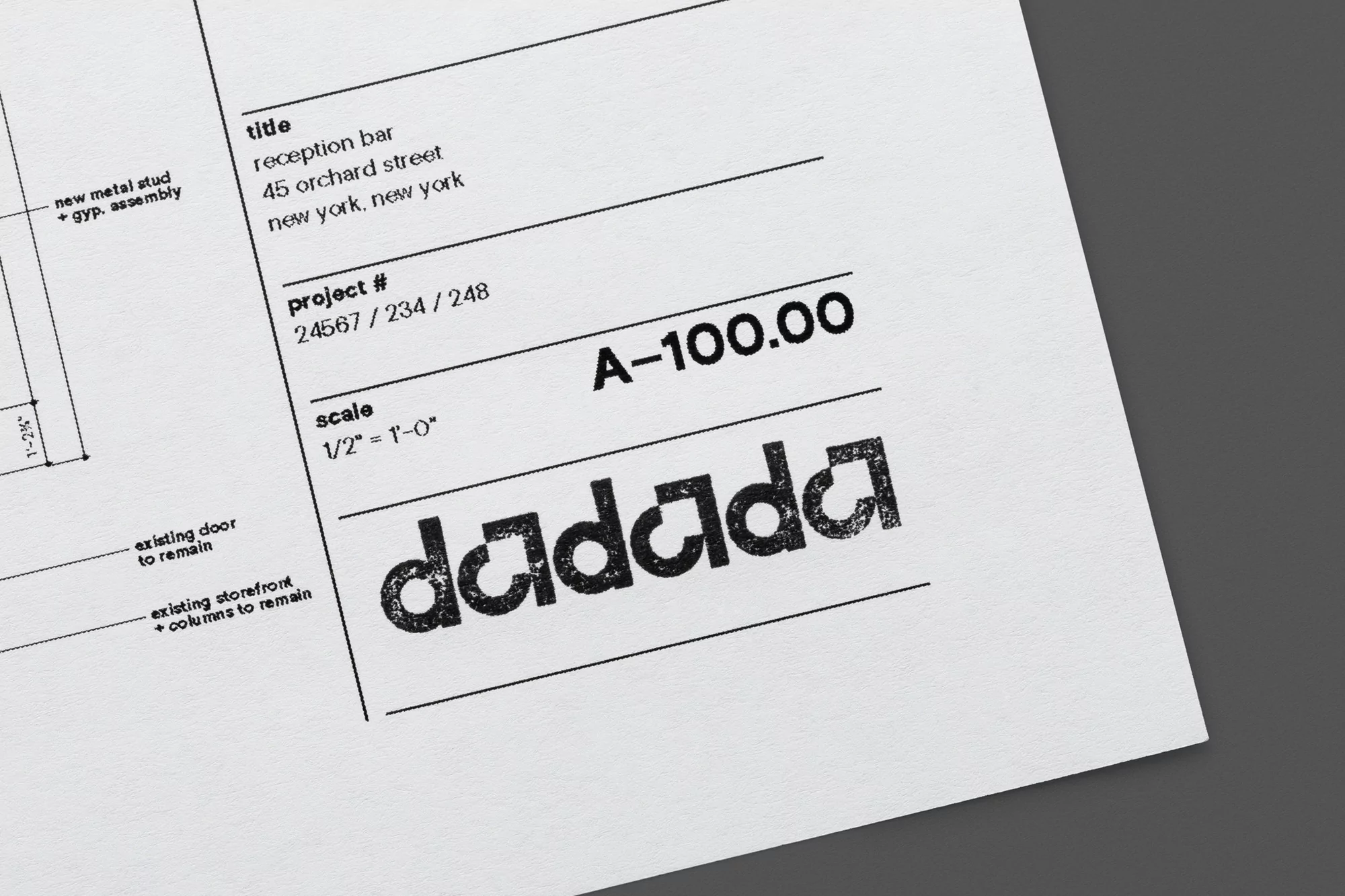 Architectural blueprint on white paper showing reception bar project with dimensions, scale, project number, and DaDaDa logo.