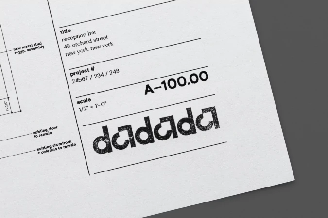 Architectural blueprint on white paper showing reception bar project with dimensions, scale, project number, and DaDaDa logo.