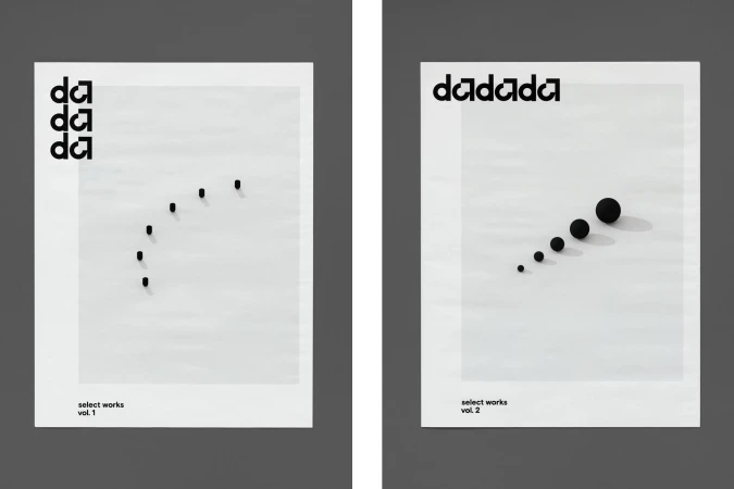 Two Dada-themed posters: one features a minimalist composition with black dots, the other uses black spheres to create a visual rhythm.