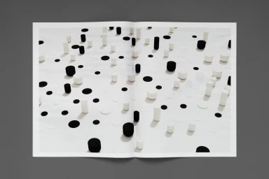 An open magazine spread featuring abstract black and white cylindrical objects and dots arranged on a white page surface.