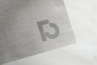 Grey geometric brand logo watermark printed on a textured white paper sheet against a neutral surface