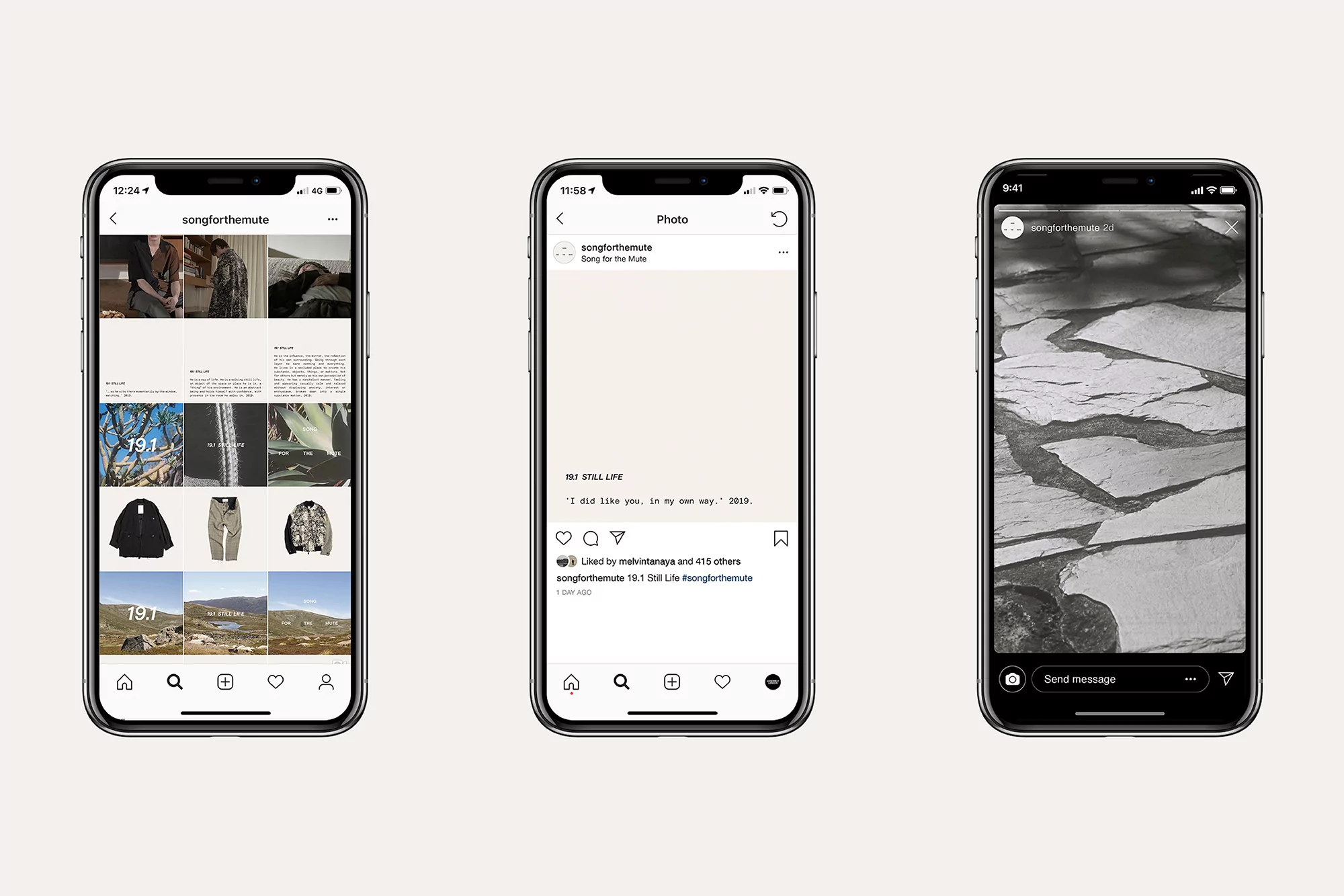 Three iPhones display the 'songforthemute' Instagram account, showing the brand's feed, a still life post, and an abstract marble photo.