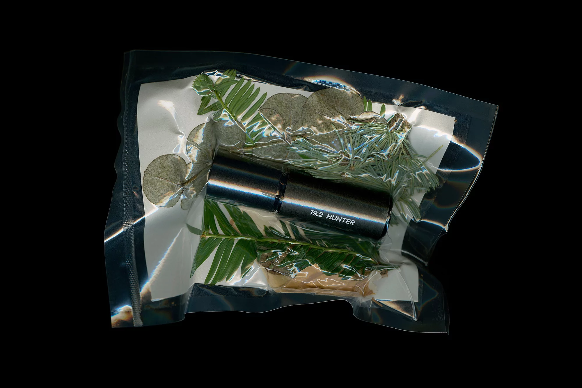 Still life of a black cylindrical object and assorted greenery, including eucalyptus and fern, encased in a clear plastic bag.