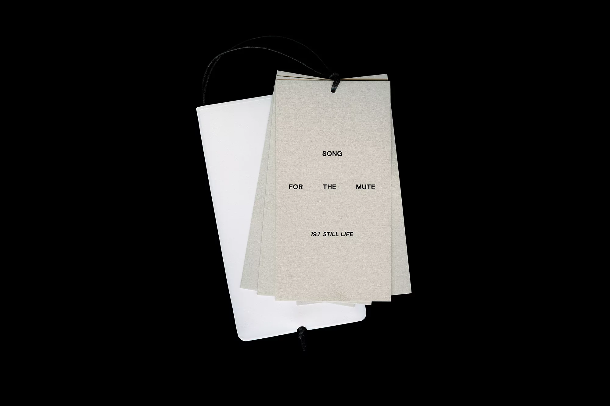 Stack of paper cards with the text 'Song For The Mute 19.1 Still Life' on a black background with black cord attached.