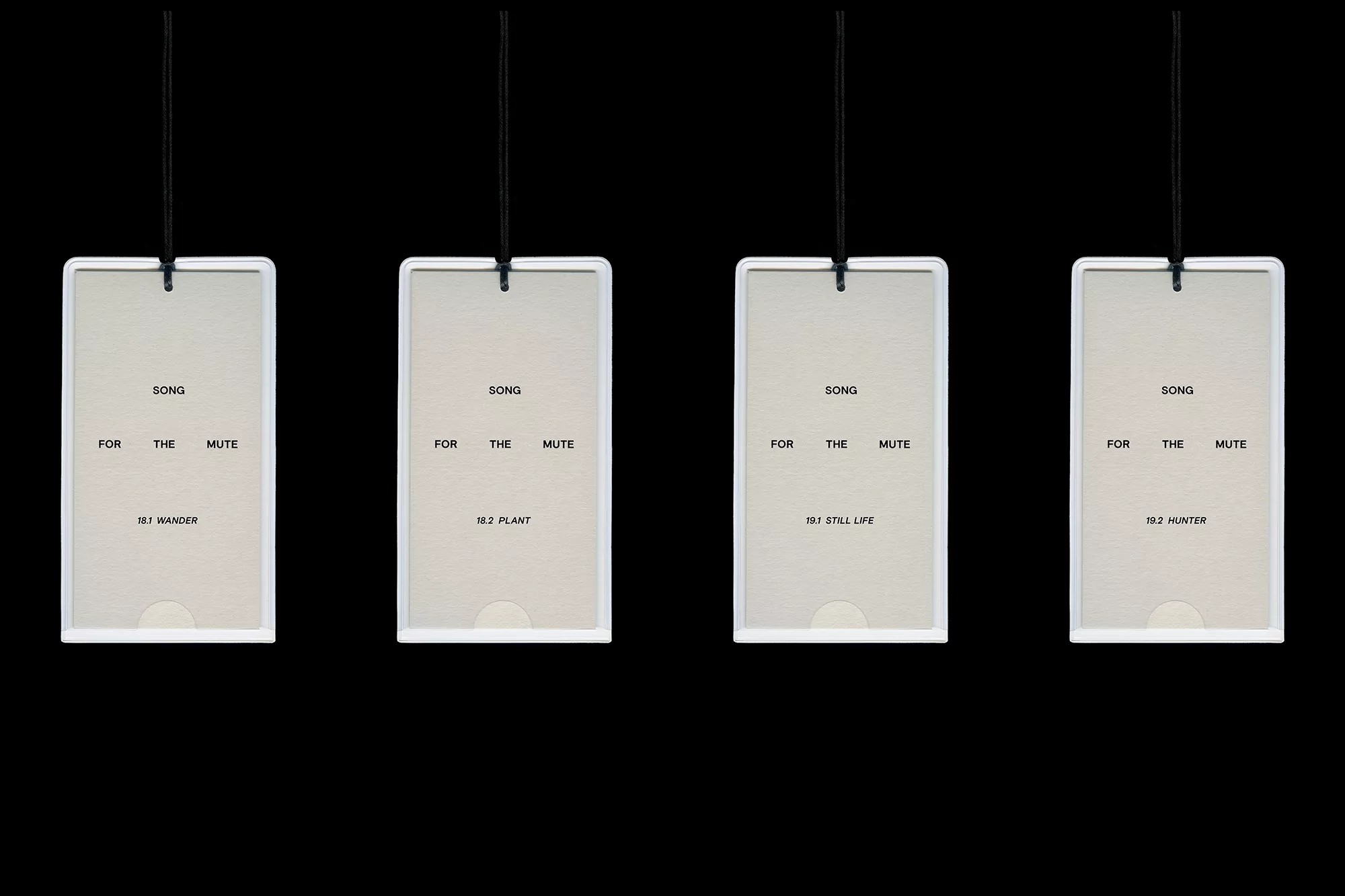 Four white cards hang against a black background, each featuring the text "SONG FOR THE MUTE" and different titles.
