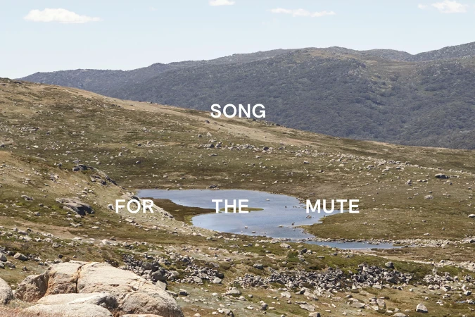 Hilly landscape with a small lake and scattered rocks under a bright sky with the words 'SONG FOR THE MUTE' digitally imposed.