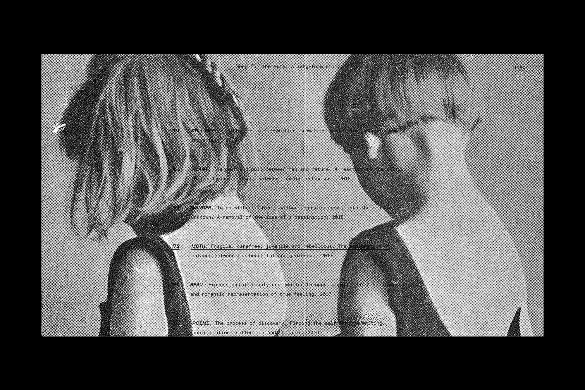 Monochrome portrait of two children, one facing away with hair details, the other facing forward, surrounded by overlaid text.