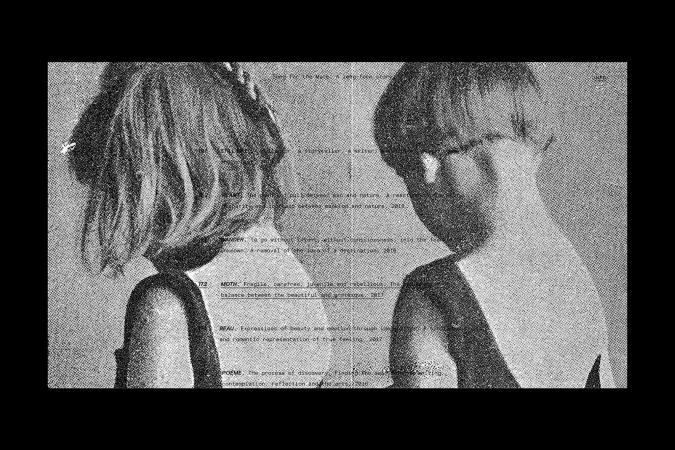 Monochrome portrait of two children, one facing away with hair details, the other facing forward, surrounded by overlaid text.