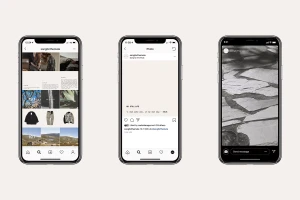Three smartphones displaying social media feed interfaces and posts for Song for the Mute brand identity