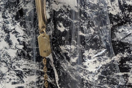 Close-up of a gold dog tag pendant stamped with 19.1 on a chain against a textured black and white background under plastic wrapping.