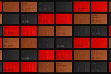 Grid of business cards in red, black, and brown featuring embossed typography for Trit brand identity