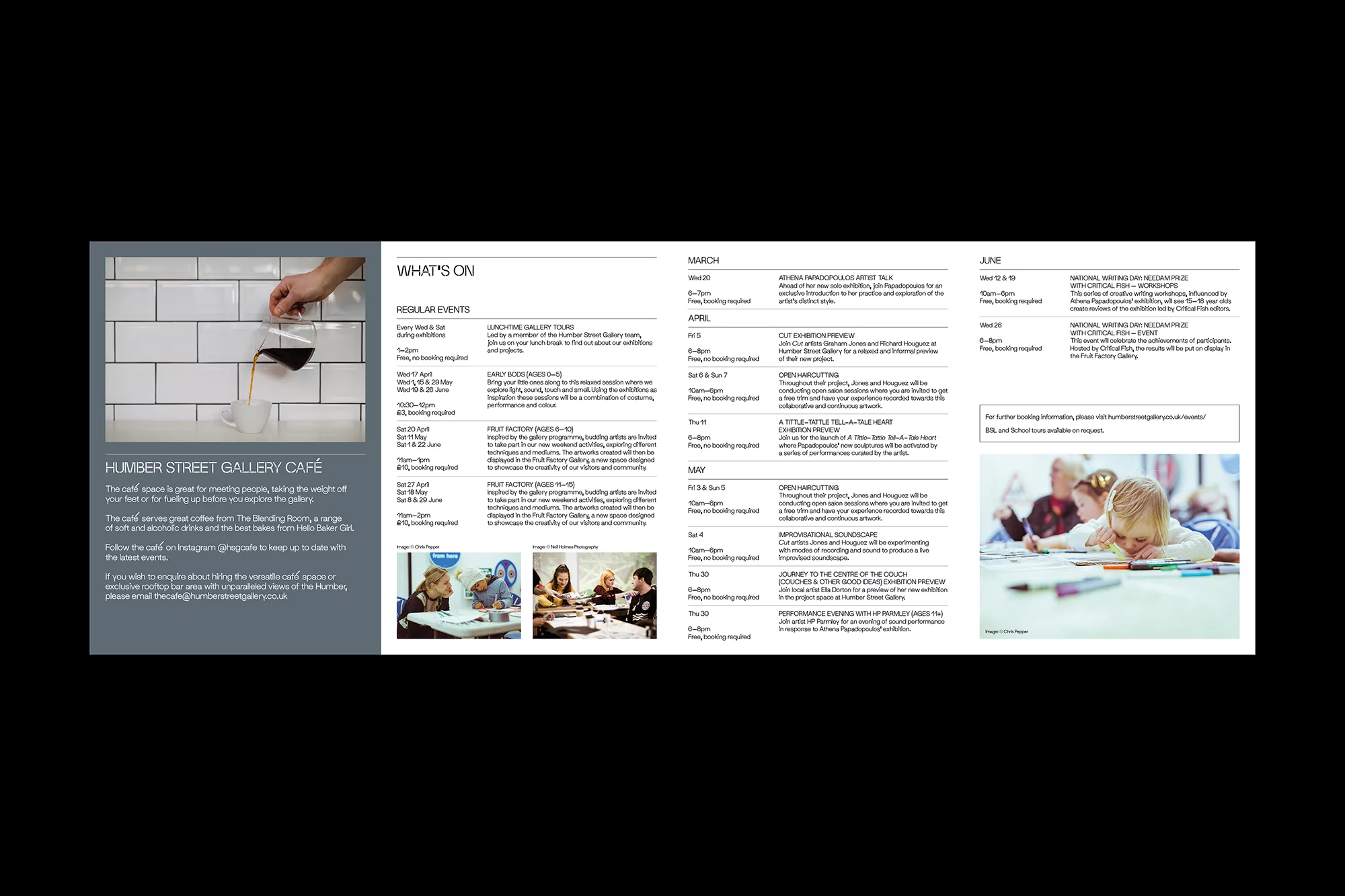 Close-up of a brochure with details about events at the Humber Street Gallery Cafe, including activities for kids and adults.
