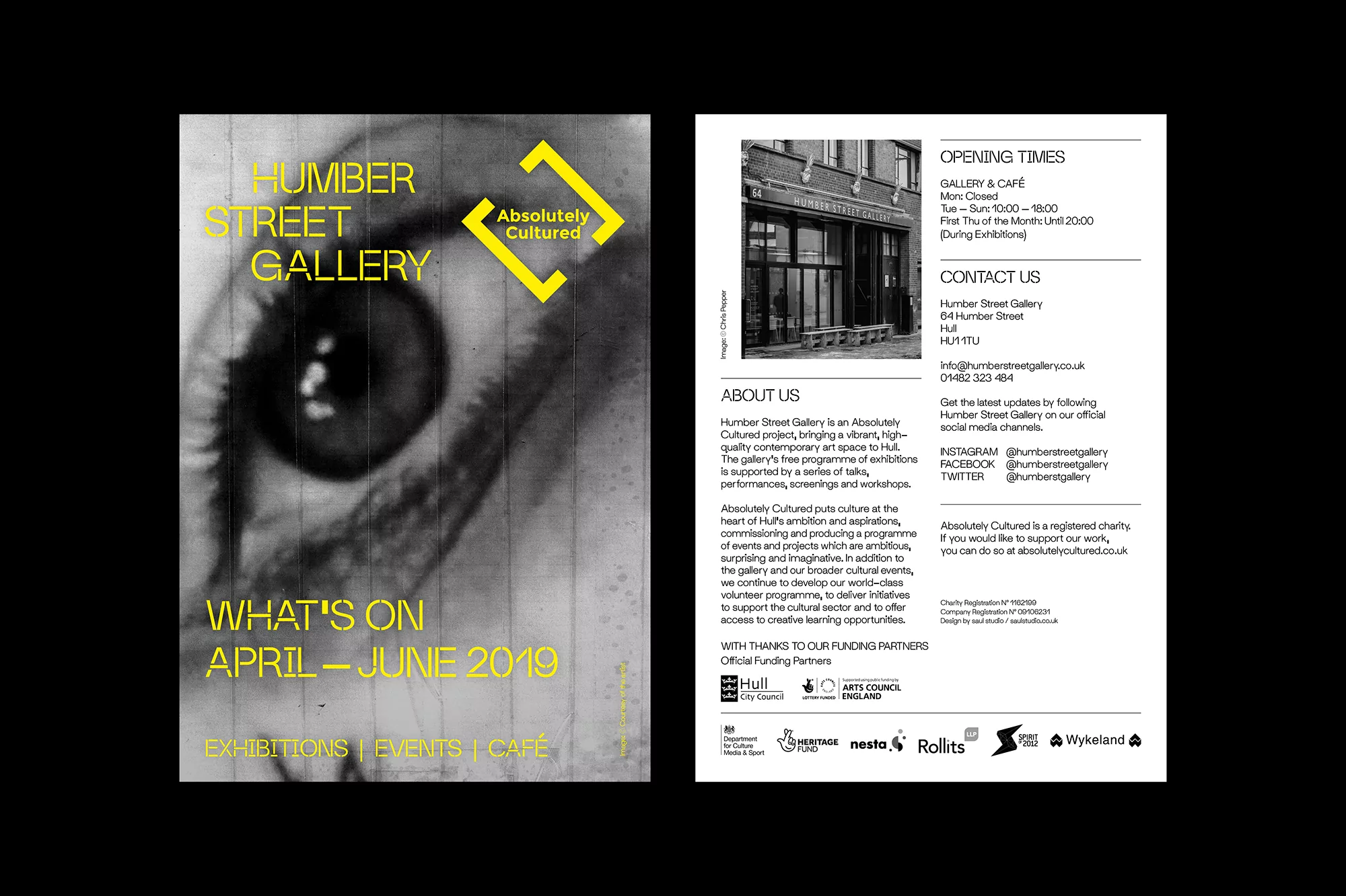 Promotional poster for Humber Street Gallery featuring a close-up eye with a graphic, showcasing exhibitions, events, and cafe details.