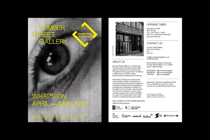 Promotional poster for Humber Street Gallery featuring a close-up eye with a graphic, showcasing exhibitions, events, and cafe details.