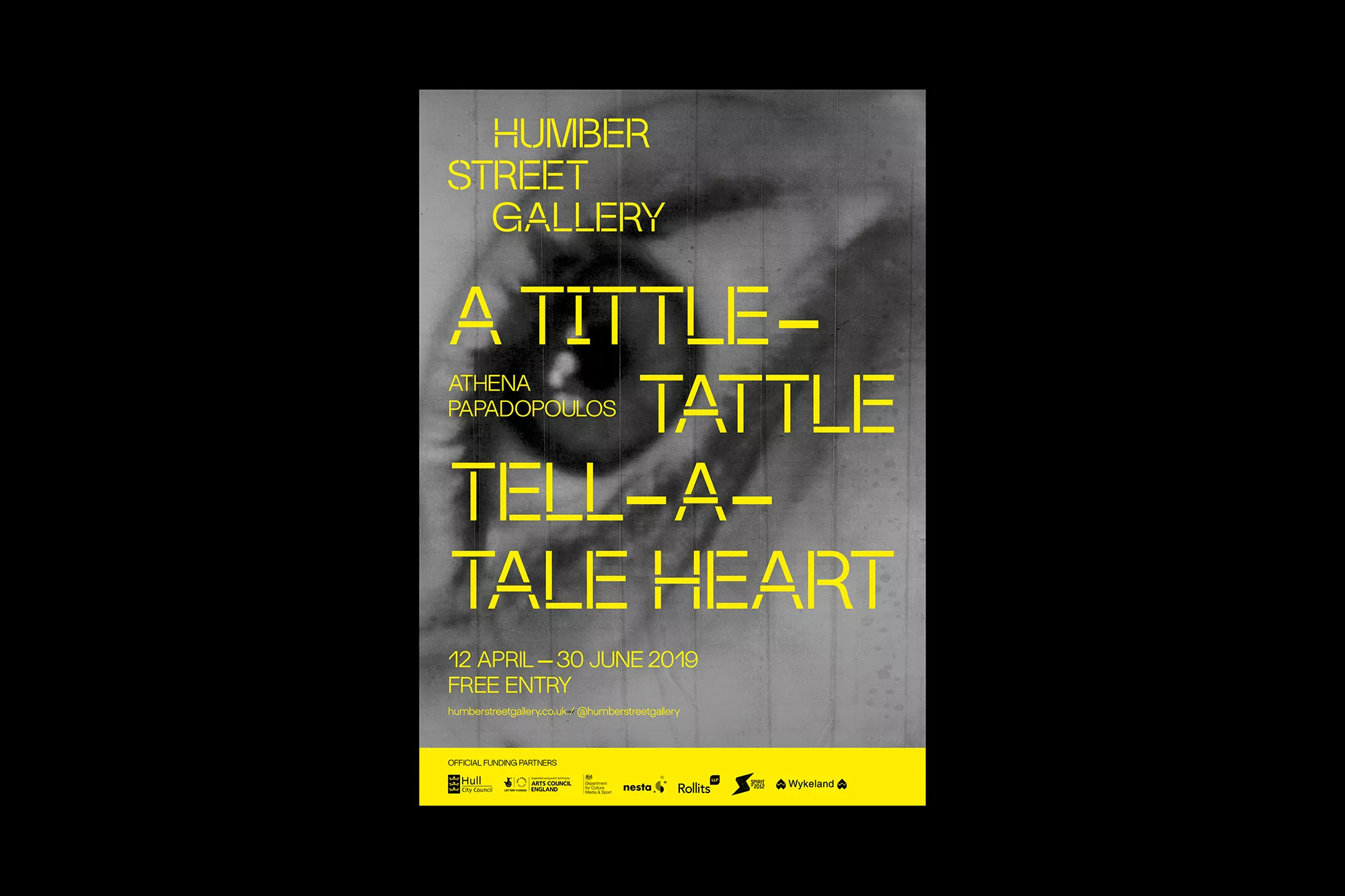 Art gallery exhibition advertisement featuring a blurred human eye and yellow typography for 'A Tittle-Tattle-Tell-A-Tale Heart' art show.