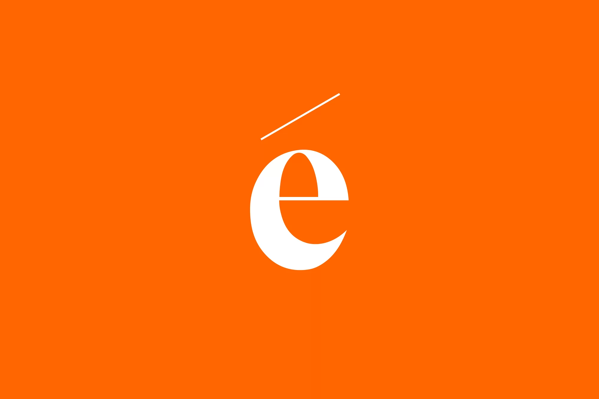 White letter 'é' with accent mark against an orange background, design concept for creative use, advertising, and logo design.