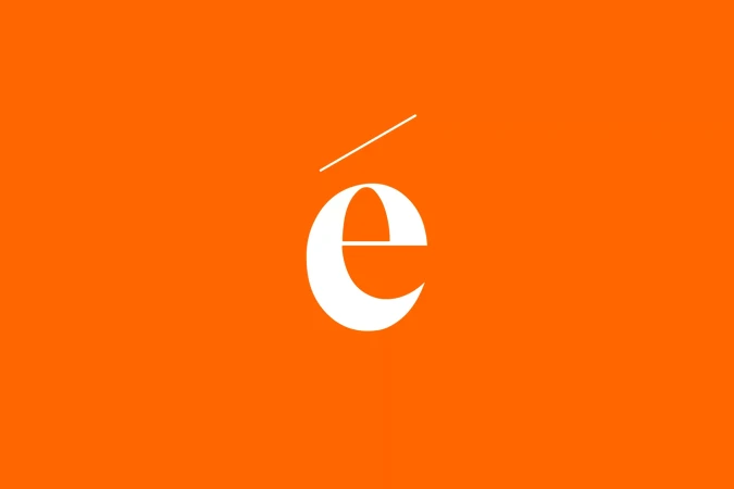 White letter 'é' with accent mark against an orange background, design concept for creative use, advertising, and logo design.