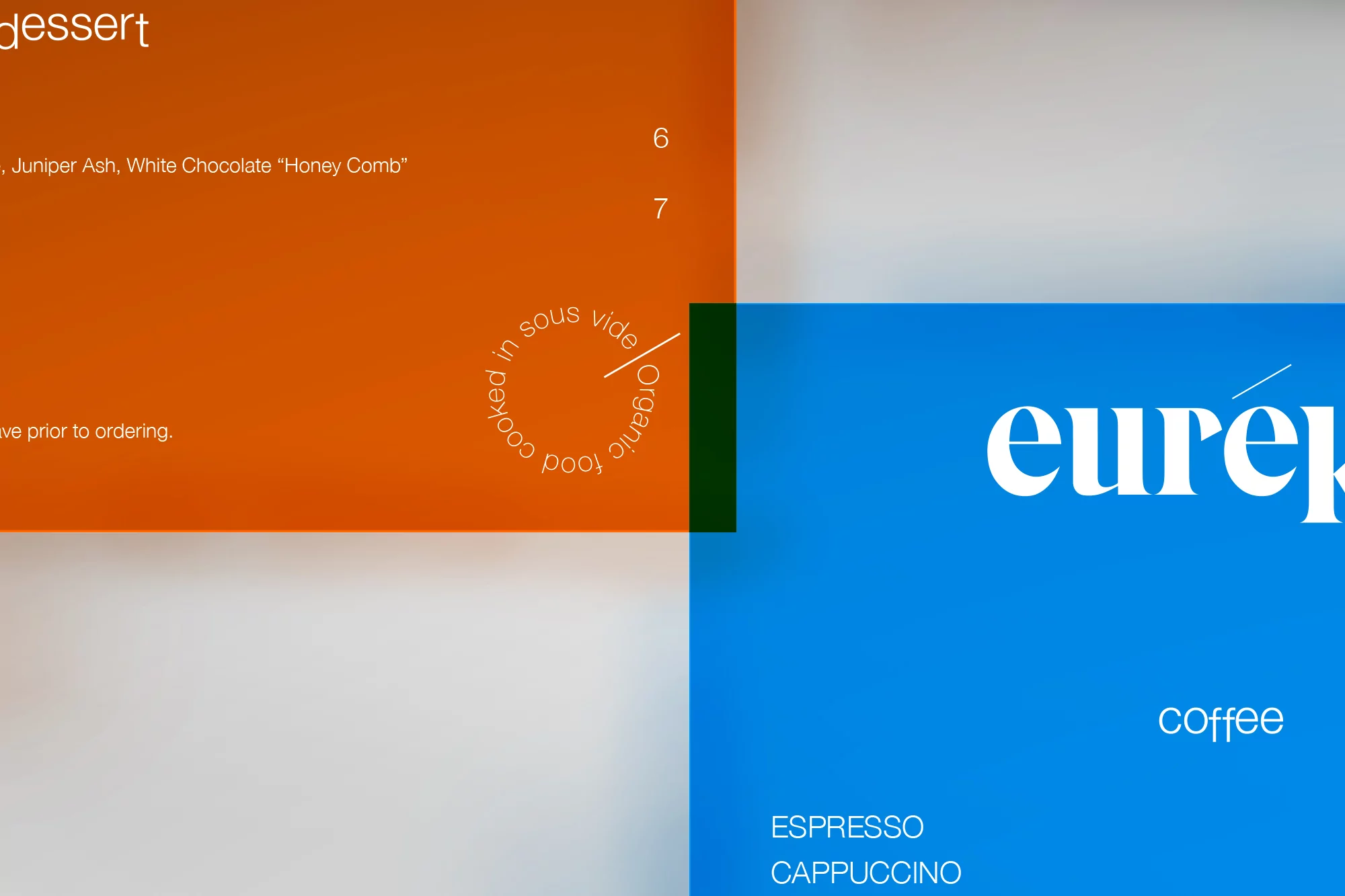 Close-up shot of a colorful menu with text detailing coffee, espresso, and dessert, featuring modern typography and design.
