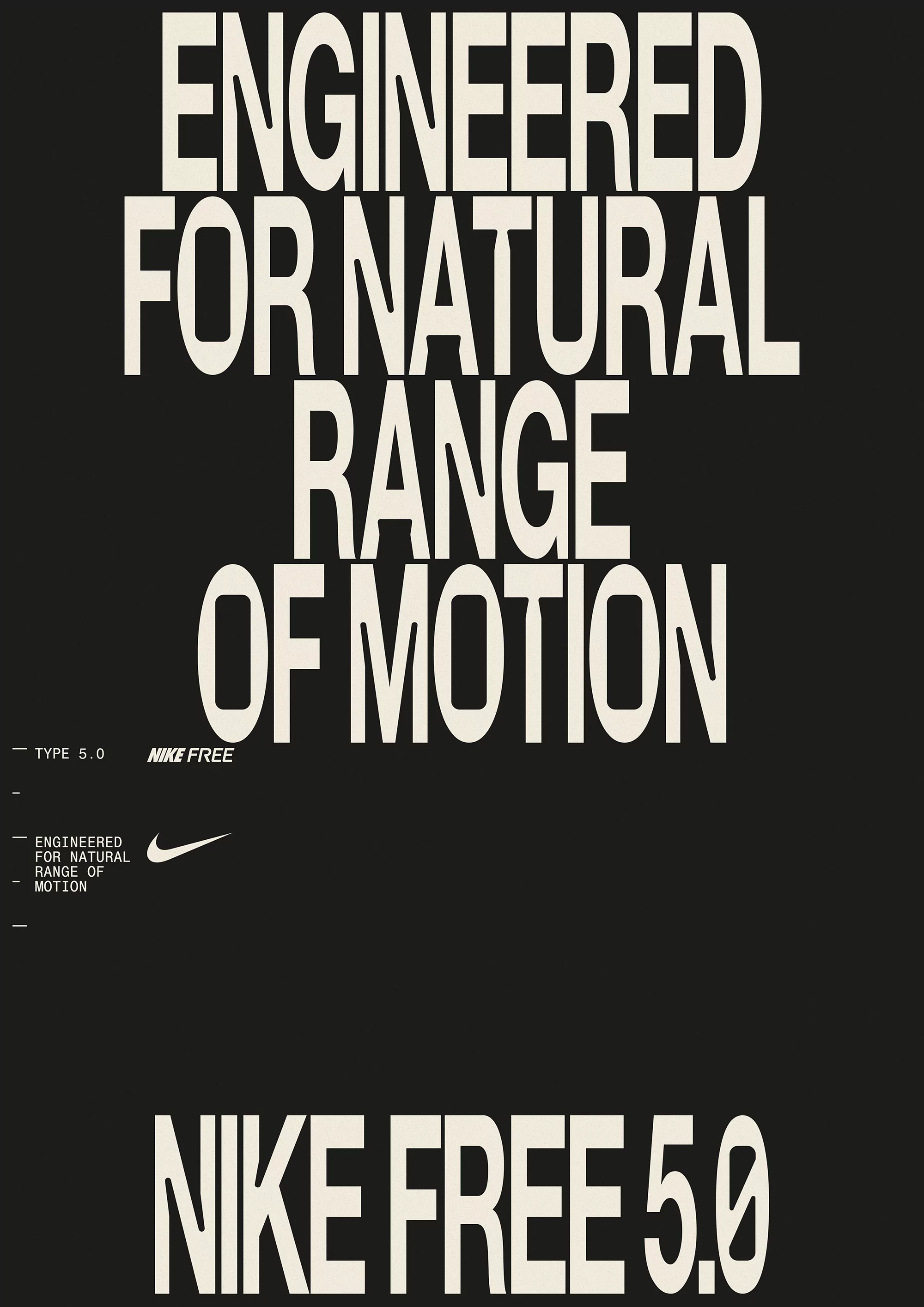 Nike Free 5.0 advertisement featuring the text 'Engineered for Natural Range of Motion' on a black background with a Nike swoosh.