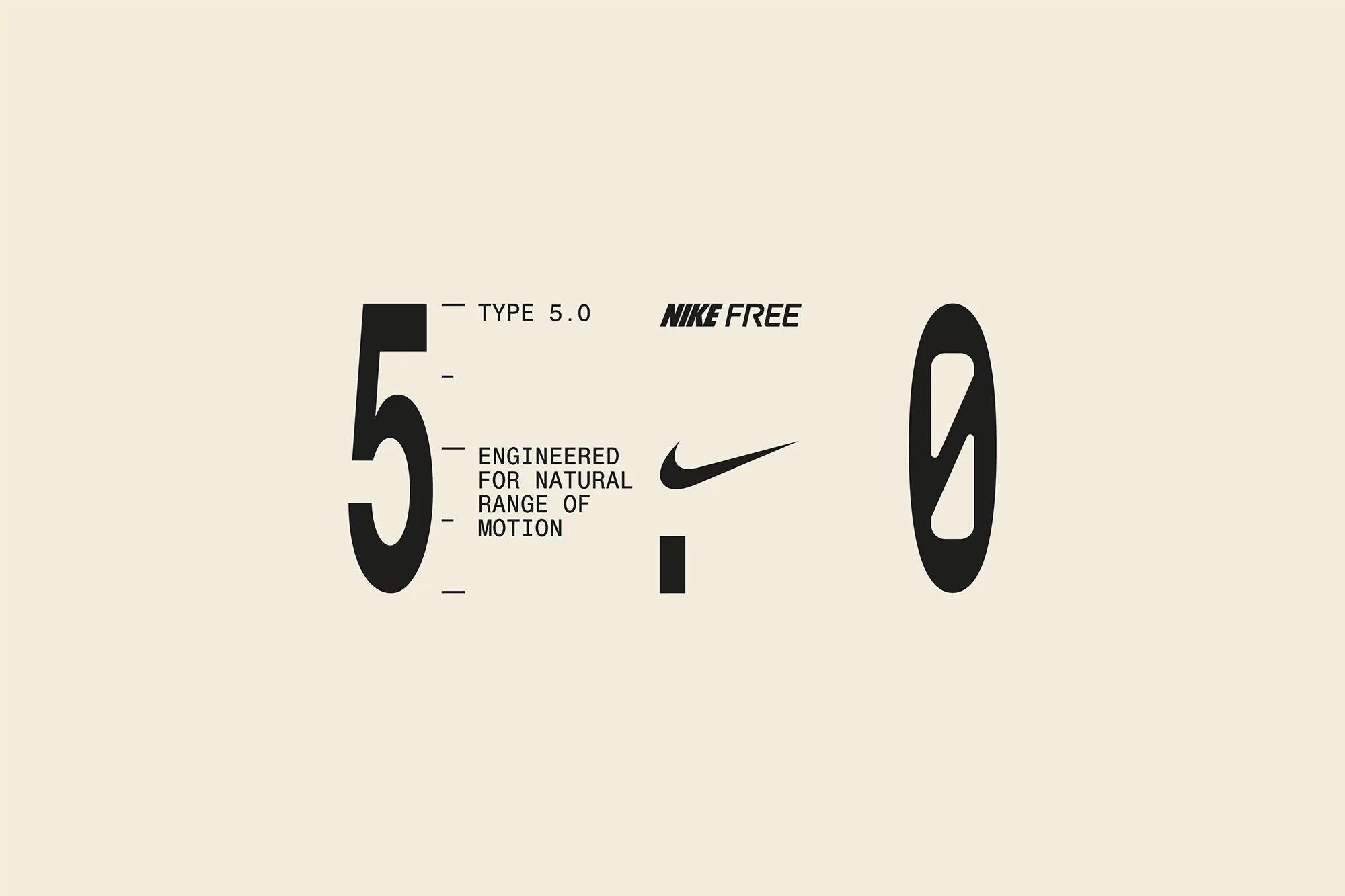 Nike Free Type 5.0 marketing visual featuring numbers 5 and 0 in bold black with Nike logo and text on an off-white background.