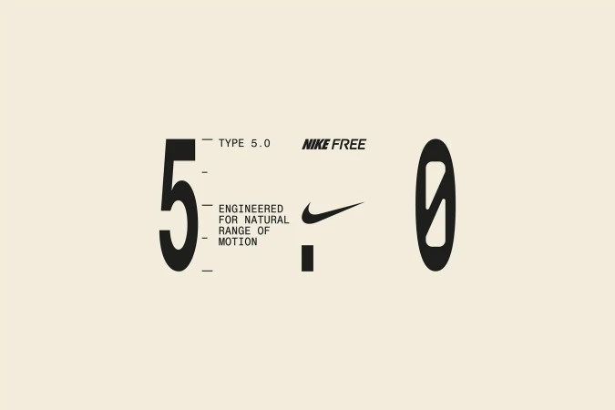 Nike Free Type 5.0 marketing visual featuring numbers 5 and 0 in bold black with Nike logo and text on an off-white background.