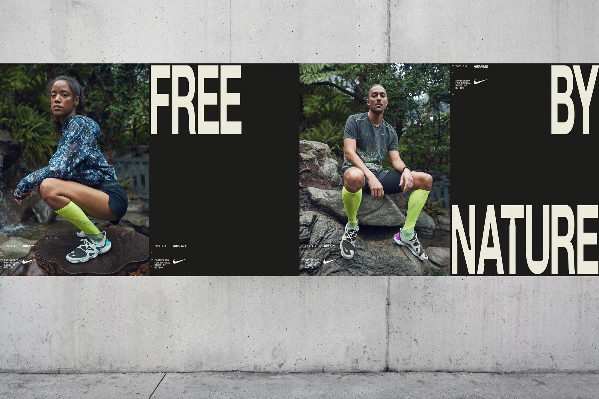 Two people pose on rocks wearing activewear for a Nike advertisement. The background features lush green vegetation and natural tones.