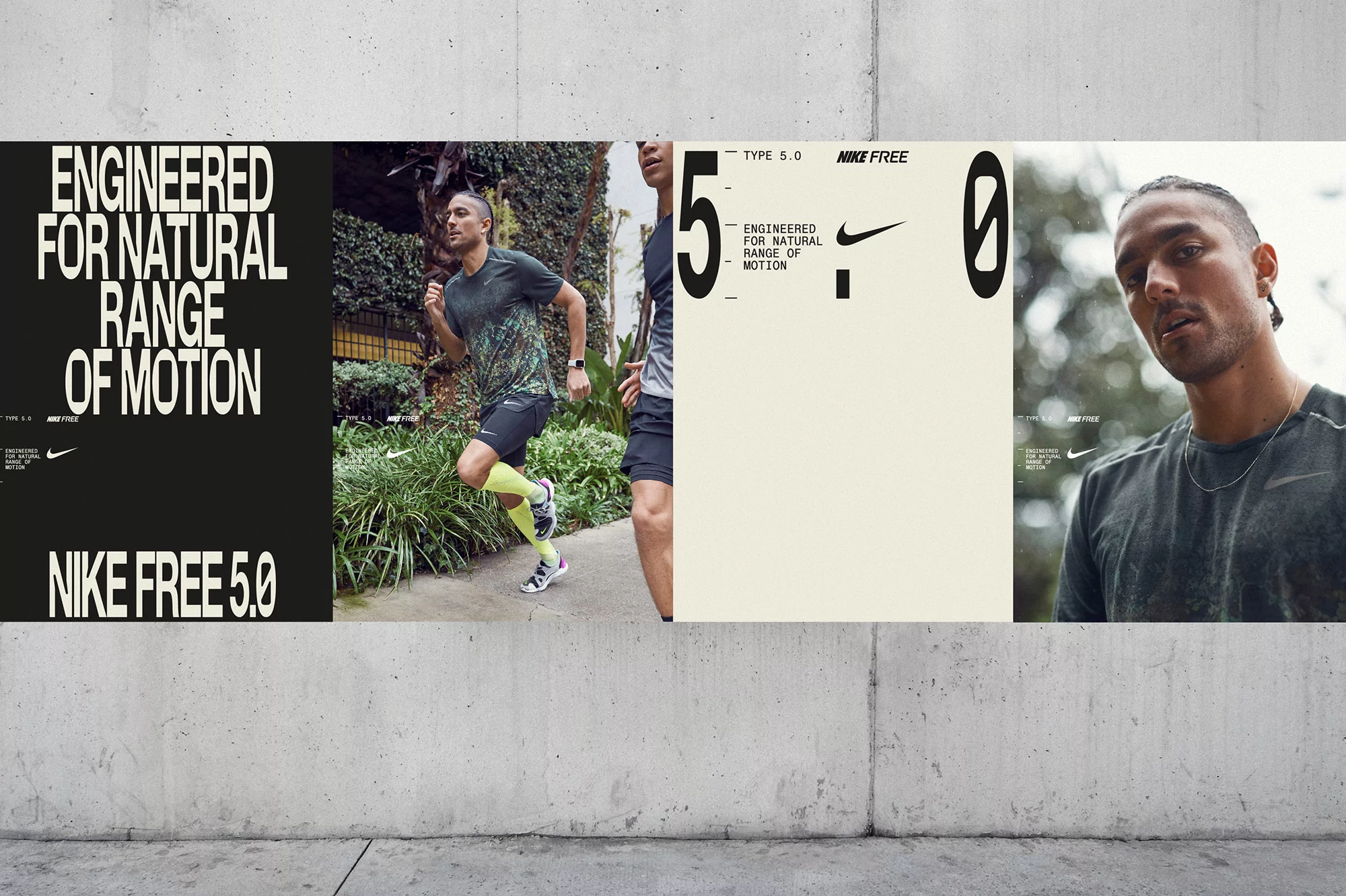 Nike Free 5.0 advertisements show running man, close-up portrait, and text promoting natural range of motion, outdoors, gray concrete backdrop.