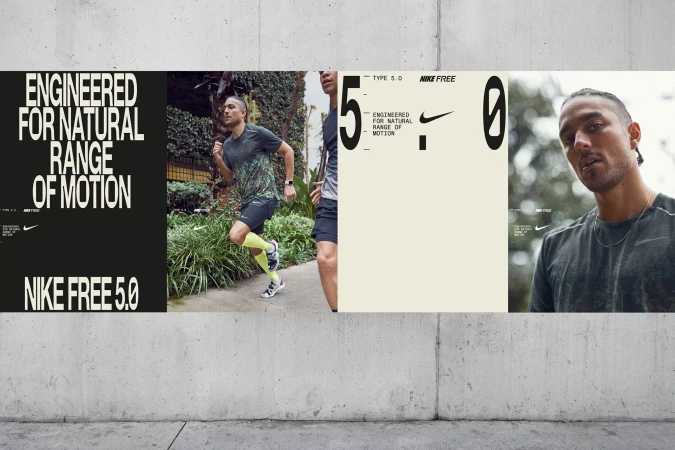 Nike Free 5.0 advertisements show running man, close-up portrait, and text promoting natural range of motion, outdoors, gray concrete backdrop.