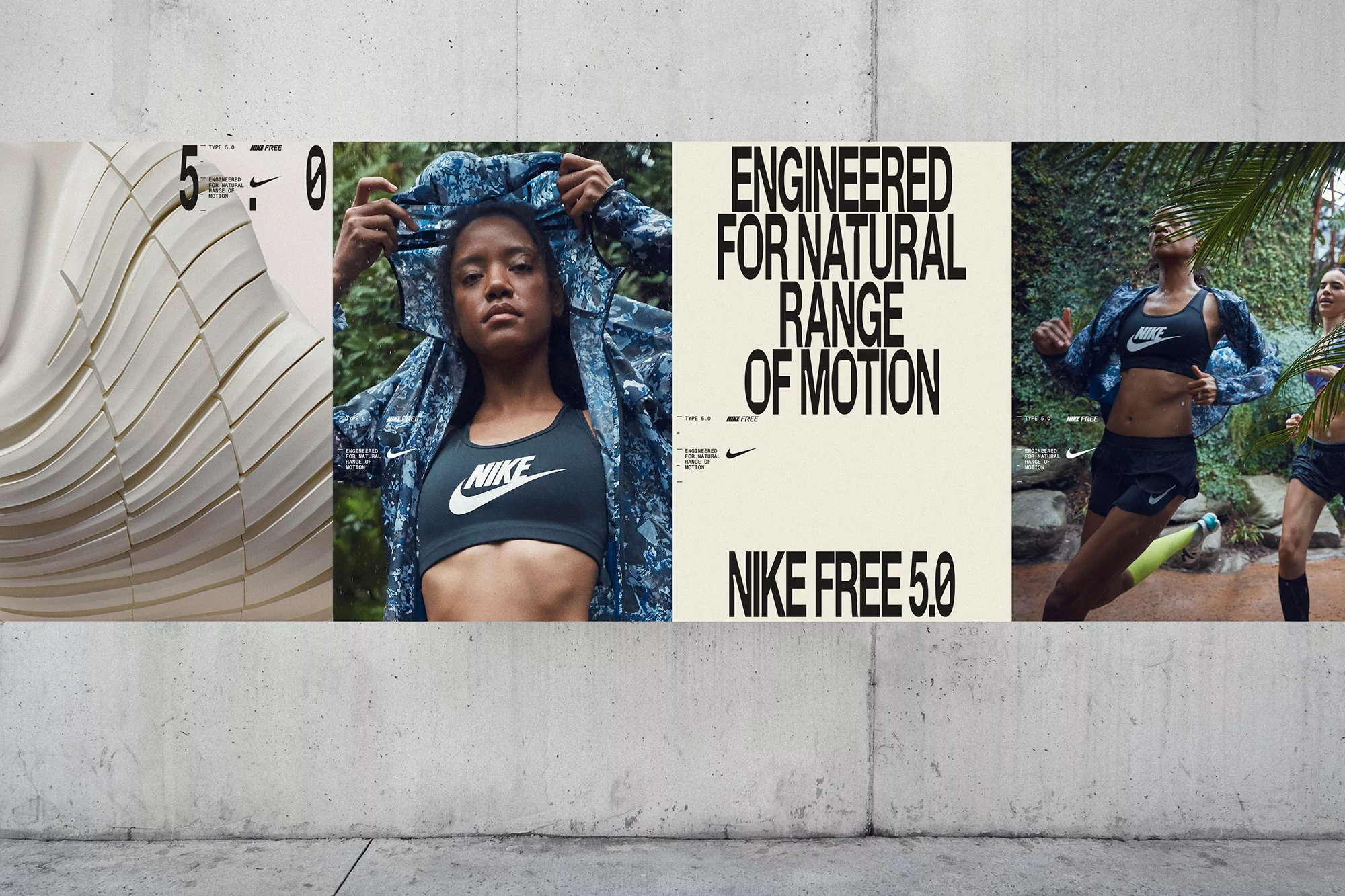 Nike Free 5.0 campaign featuring athletic women in activewear with abstract footwear display and promotional text on concrete backdrop.