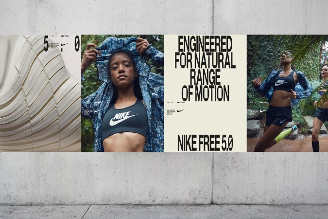 Nike Free 5.0 campaign featuring athletic women in activewear with abstract footwear display and promotional text on concrete backdrop.