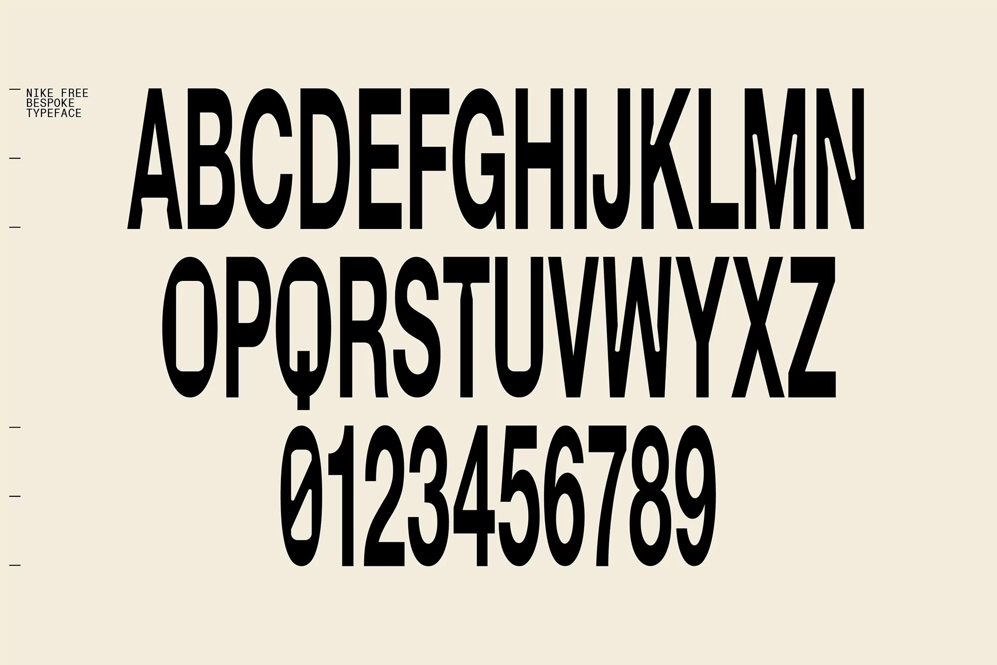 Alphabet and number set in bold, sans-serif typeface, displayed in black against a pale beige background. Modern font design.