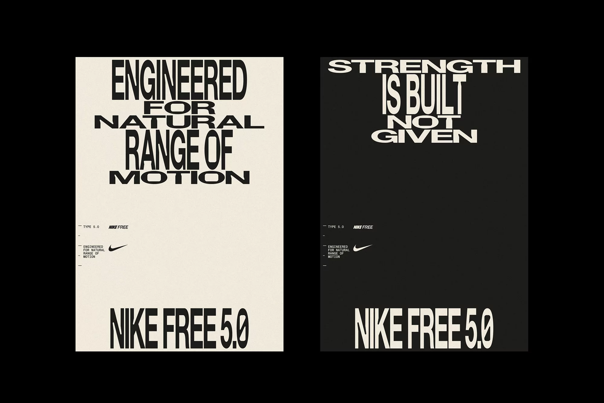 Two Nike Free 5.0 typographic posters in contrasting cream and black, with bold text promoting natural range of motion and strength.