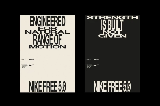 Two Nike Free 5.0 typographic posters in contrasting cream and black, with bold text promoting natural range of motion and strength.