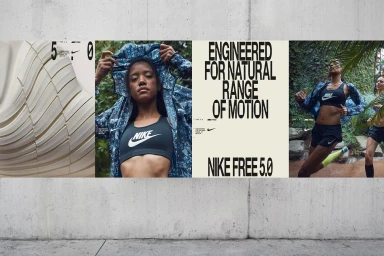 Nike brand identity multi-panel poster mockup featuring athletic apparel, typography, and concrete wall background.