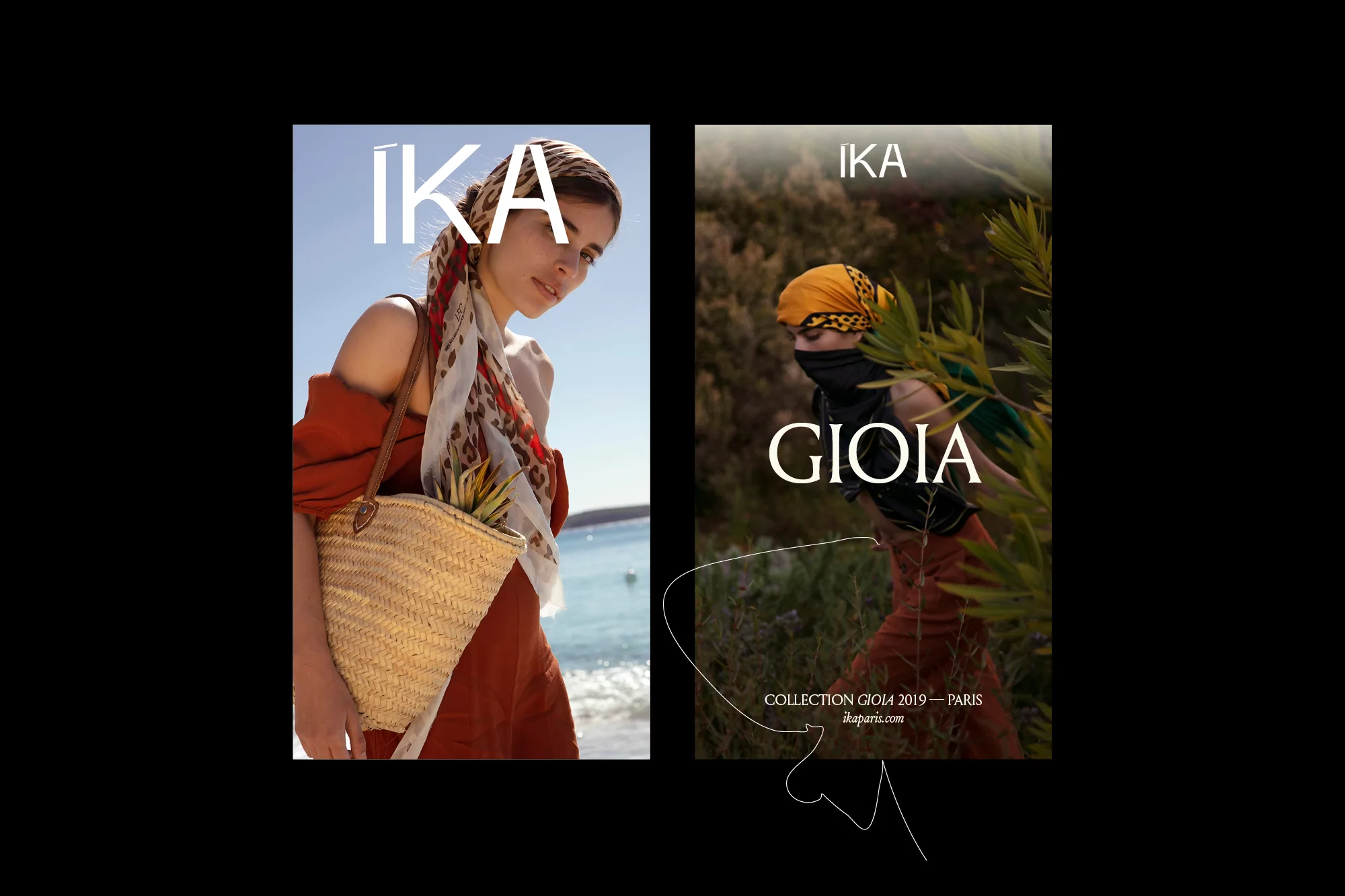 Two women are showcased in side-by-side portraits, modeling headscarves and holding straw bags against a scenic background.