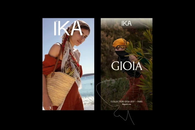 Two women are showcased in side-by-side portraits, modeling headscarves and holding straw bags against a scenic background.