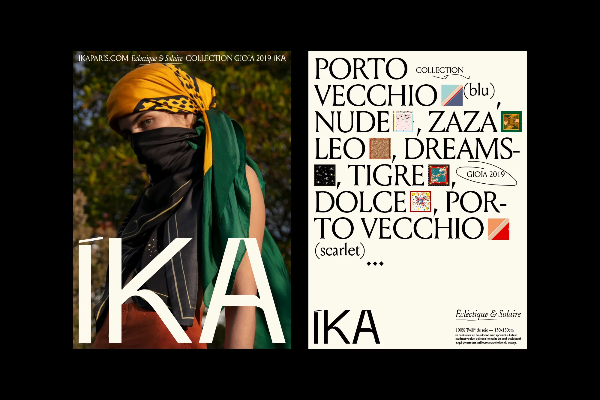 Fashion ad featuring a model in a headscarf with IKA logo, alongside a text design promoting the Eclectique & Solaire collection.