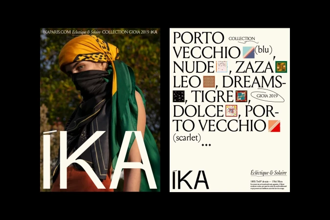 Fashion ad featuring a model in a headscarf with IKA logo, alongside a text design promoting the Eclectique & Solaire collection.