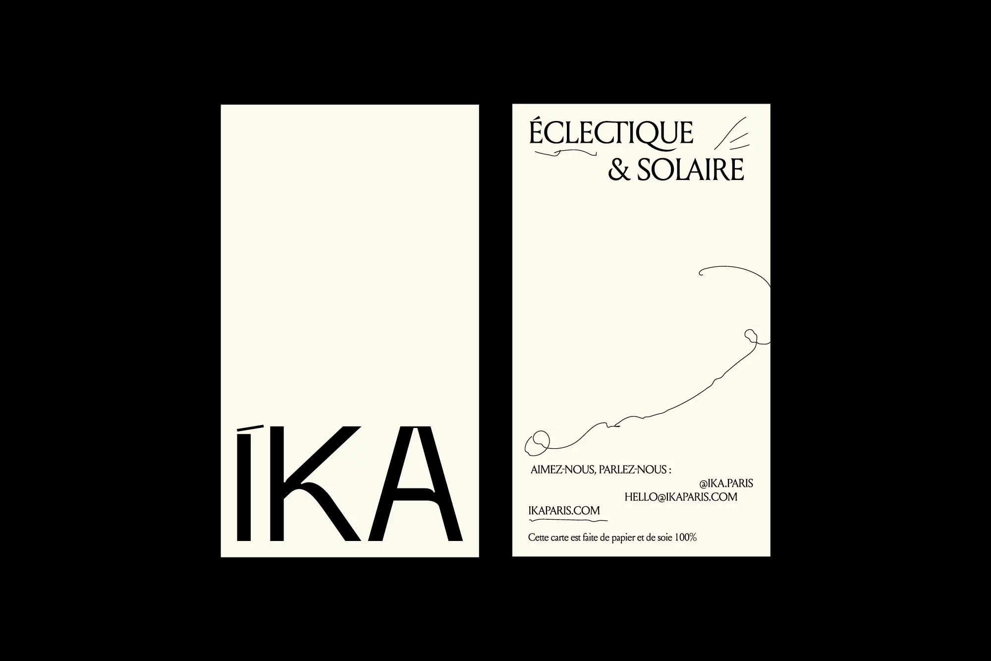 Promotional image featuring two vertical business cards against a black background, one displaying the brand name 'IKA' in bold letters.