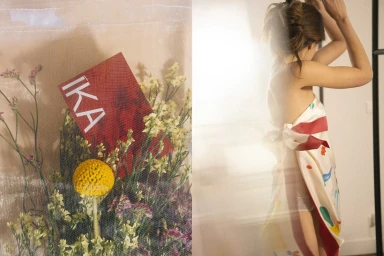 Split view showing a red card with IKA logo amid flowers on left and a woman wrapped in a patterned silk scarf on right.