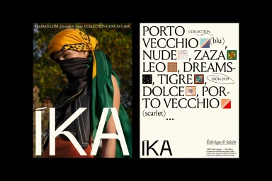Graphic design brand identity layout for IKA featuring a person wearing a yellow patterned headscarf and green silk scarf alongside text.