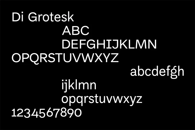 Alphabet and number characters showcase the 'Di Grotesk' typeface, presented in white against a solid black background.