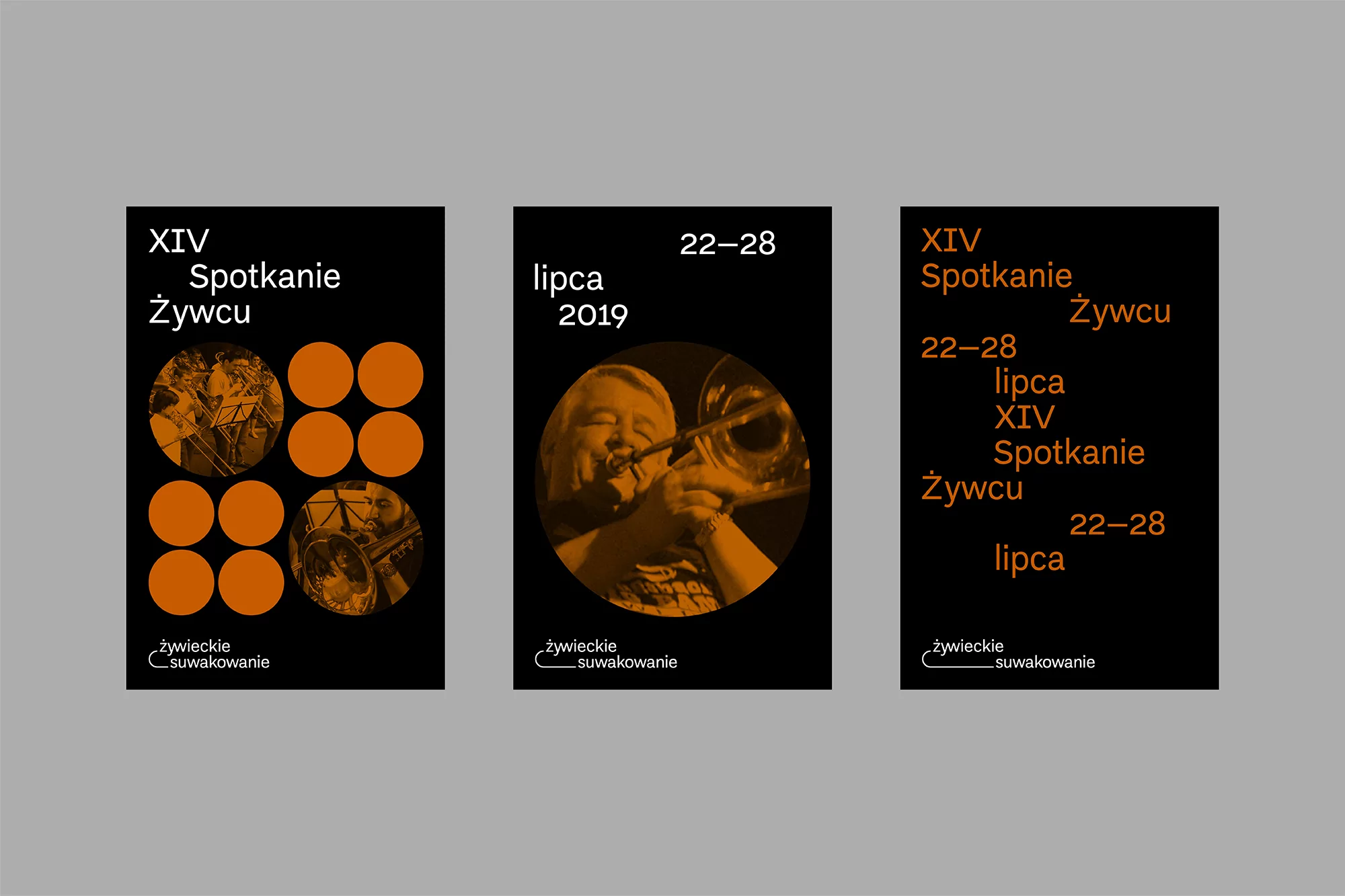 Event poster featuring a musician playing a brass instrument, with text elements indicating a festival or meeting called 'Spotkanie Żywcu'.