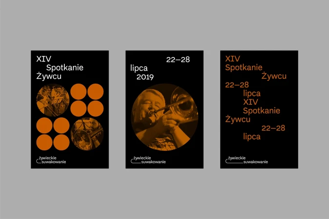 Event poster featuring a musician playing a brass instrument, with text elements indicating a festival or meeting called 'Spotkanie Żywcu'.
